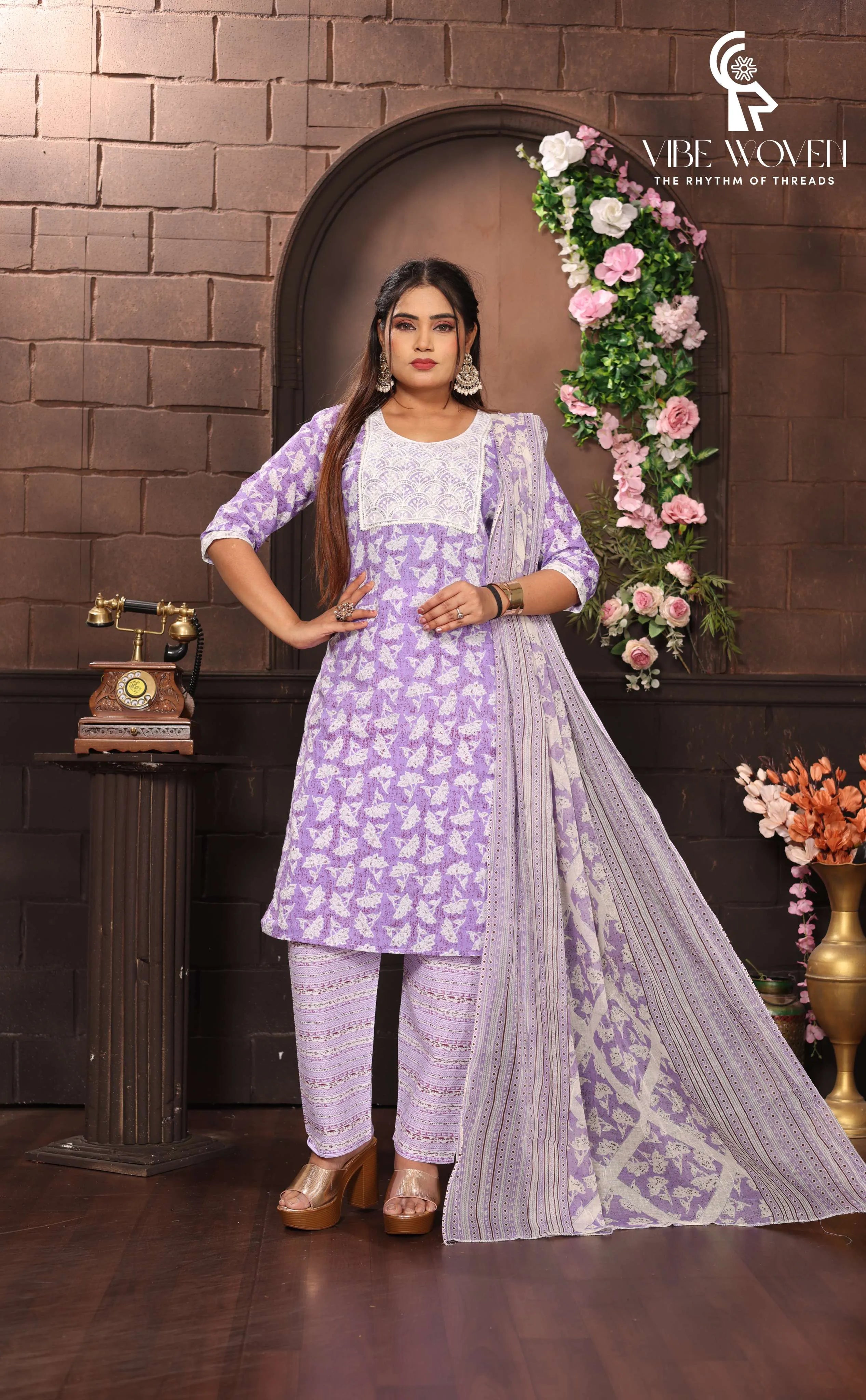 Nirav Neel Vibe Woven Elegant Cotton Salwar Suit Set with Printed Kurta, Matching Pants, Dupatta, Traditional Indian Ethnic Wear