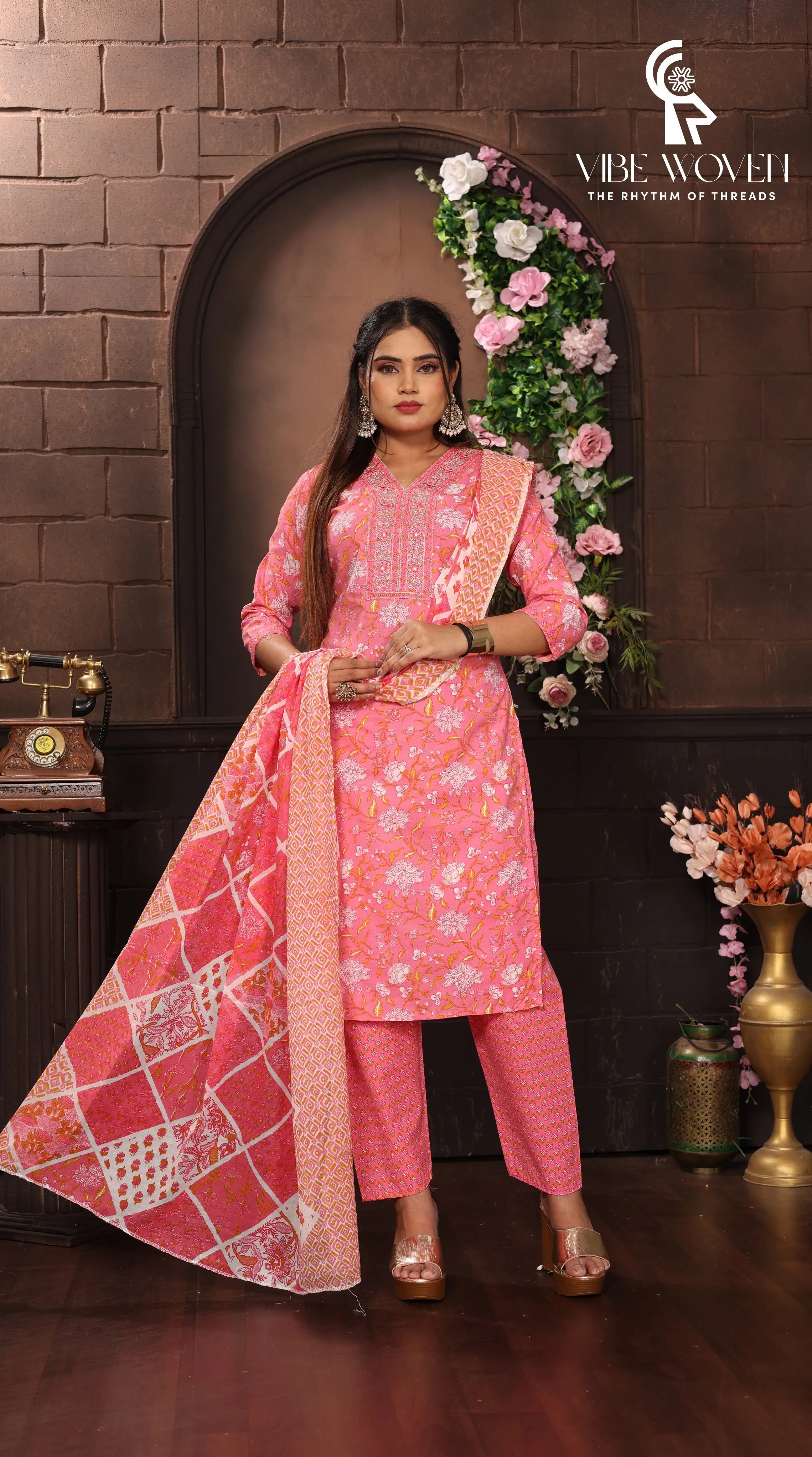 RangMahal – Pink Royal Celebration Set Vibe Woven Women's Floral Print Cotton Salwar Kameez Suit Set, Pink, Traditional Indian Ethnic Dress with Printed Dupatta, 3 Piece