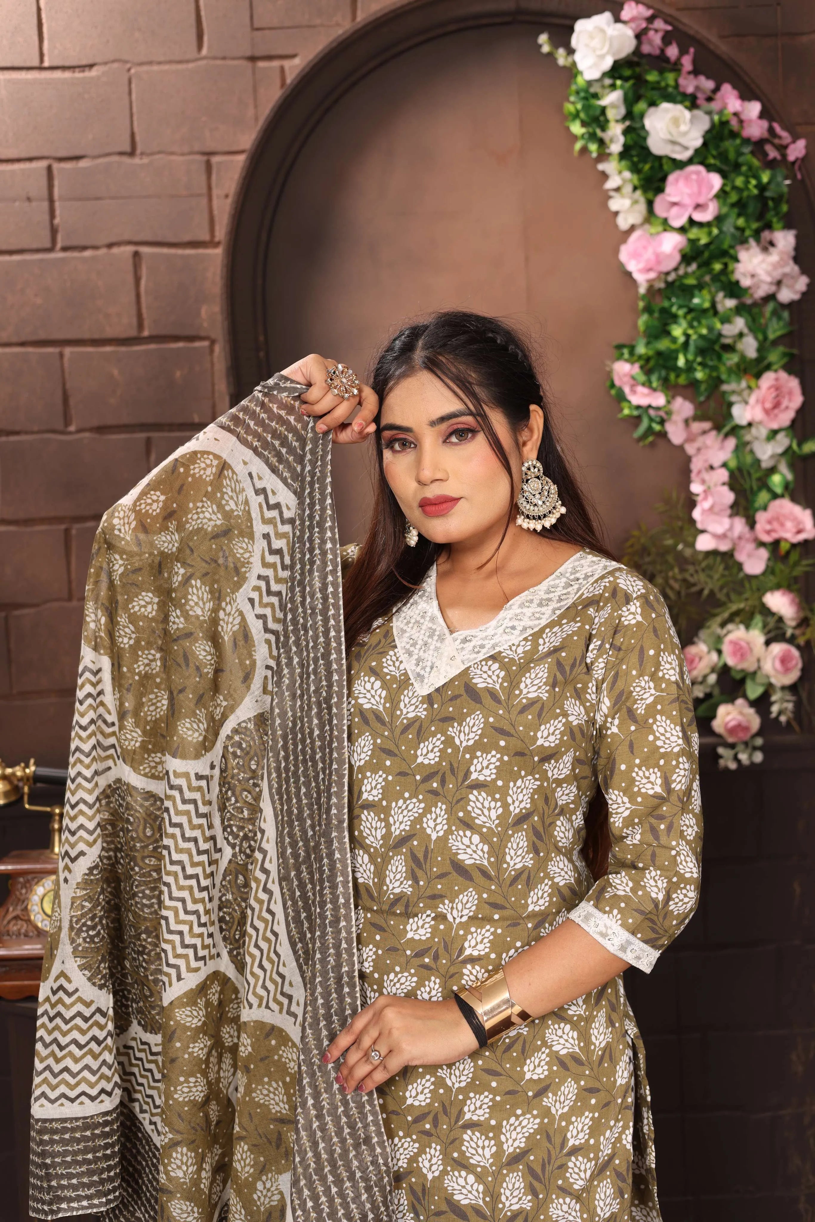 VIBE WOVEN Traditional Indian Salwar Suit Set, Olive Green with White Floral Print, Cotton, Chevron Pattern Pants with Dupatta