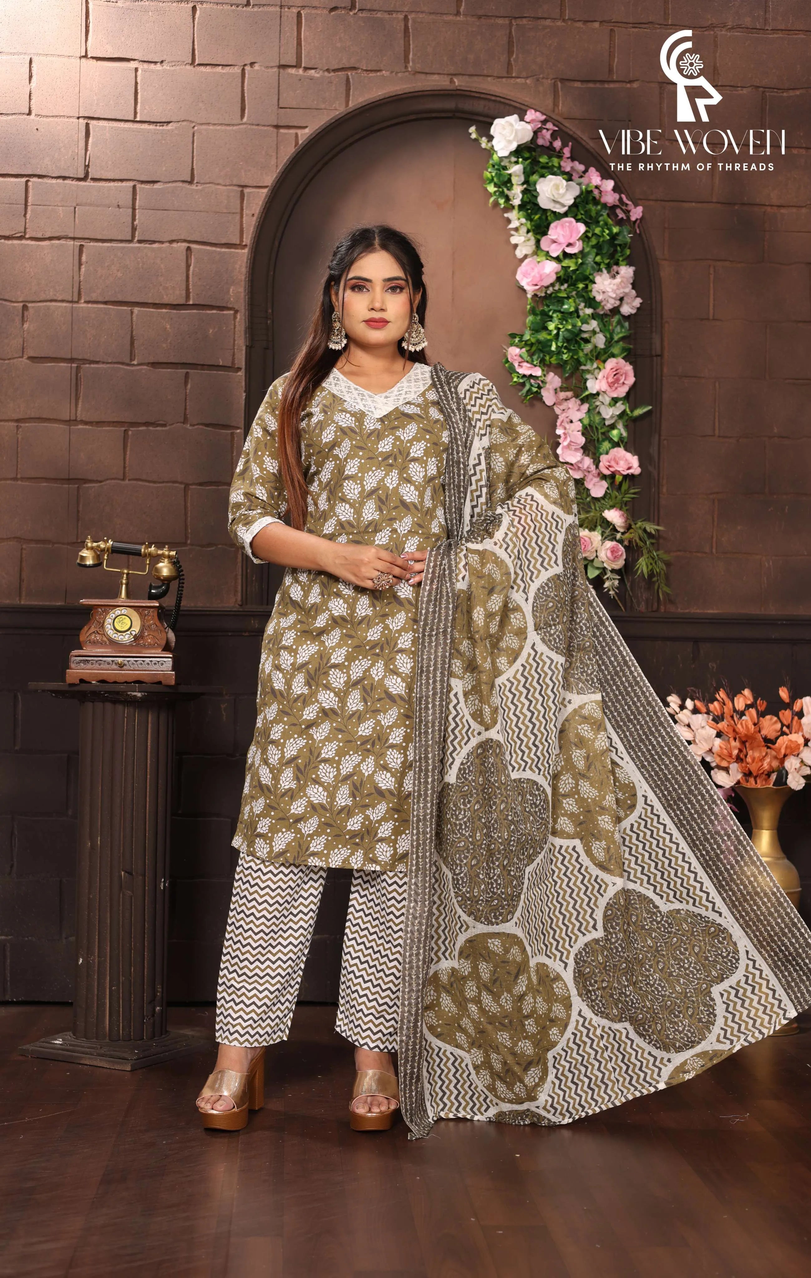 VIBE WOVEN Traditional Indian Salwar Suit Set, Olive Green with White Floral Print, Cotton, Chevron Pattern Pants with Dupatta