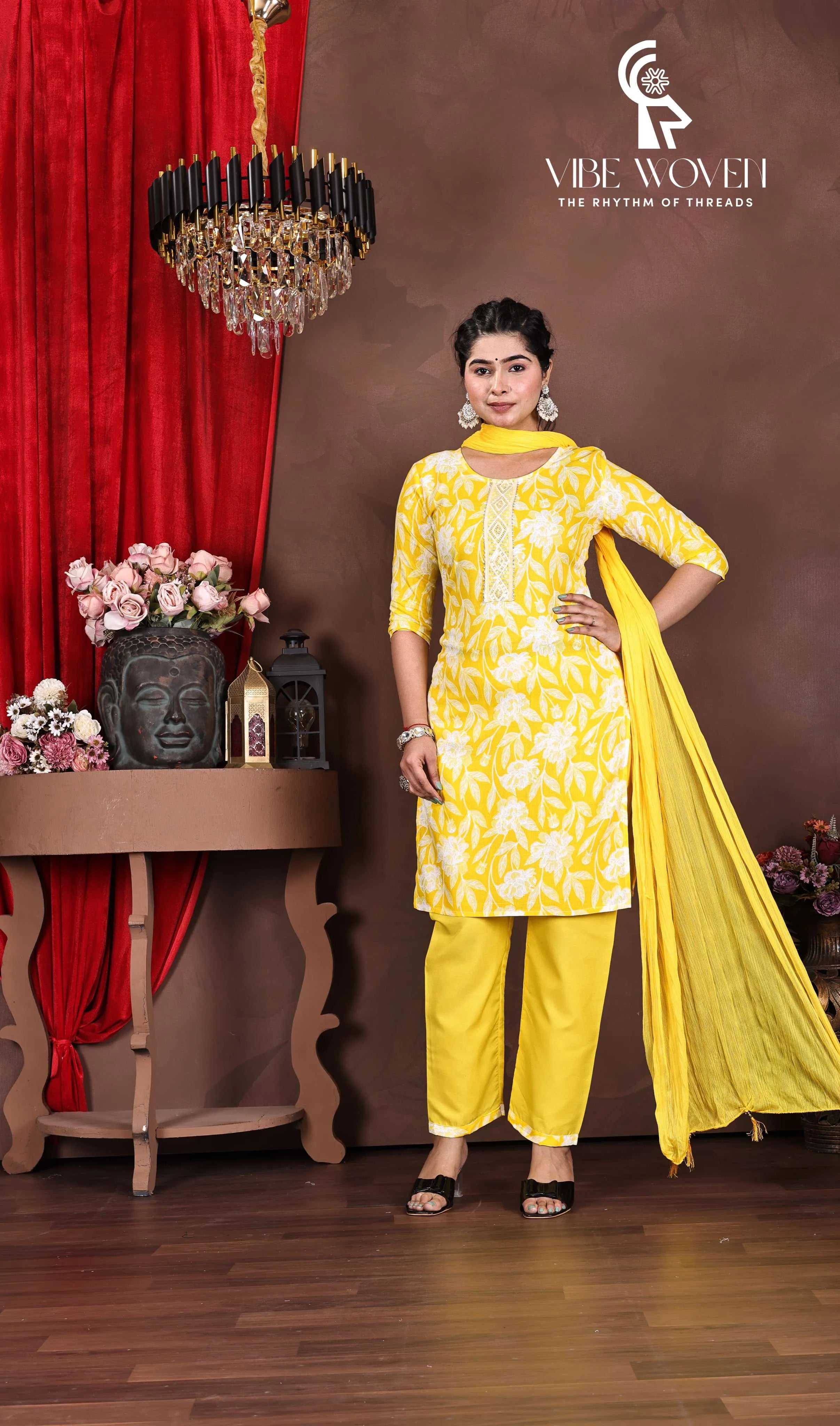 Vibe Woven Suryaraag Cotton Salwar Suit Set, Yellow with White Floral Print, Traditional 3-Piece Ethnic Wear for Women