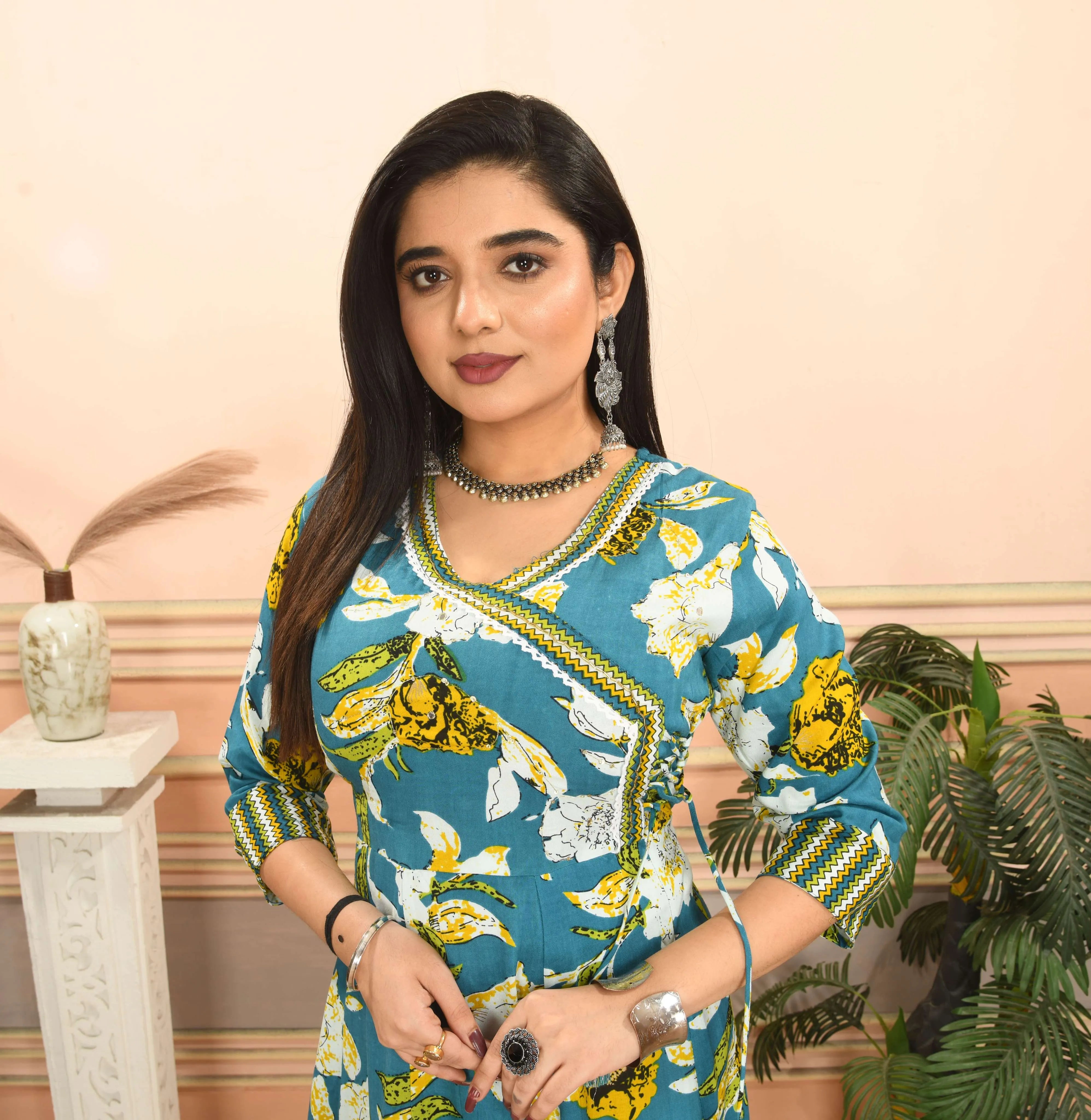 Angrakha Teal VIBE WOVEN Floral Print Anarkali Kurta, Teal Blue with Yellow and White Flowers, Cotton, Ankle Length, Traditional Indian Style