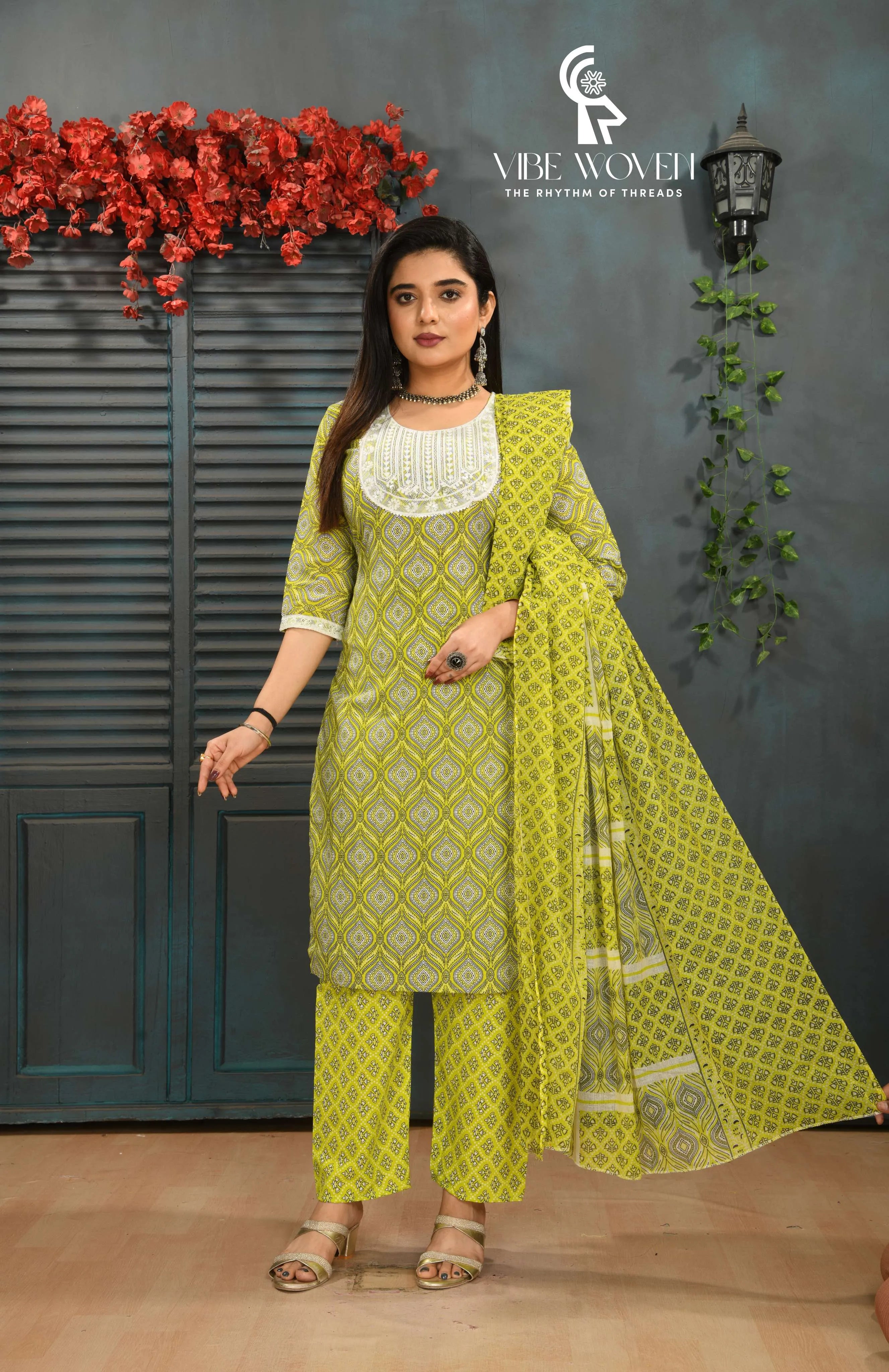 Parijat VIBE WOVEN Women's Printed Cotton Salwar Suit Set, Lime Yellow with White Embroidered Yoke, Traditional Ethnic Wear