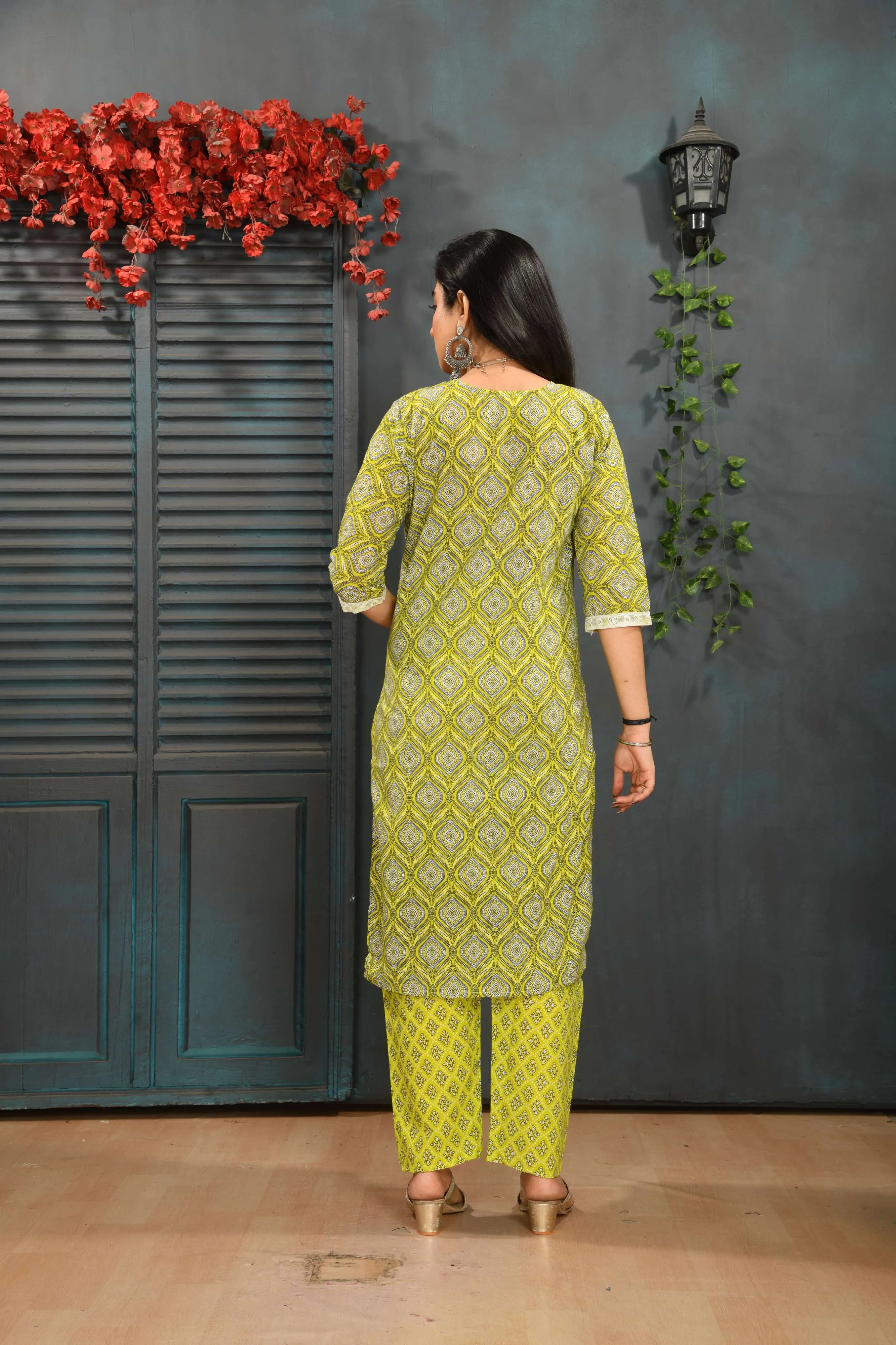 Parijat VIBE WOVEN Women's Printed Cotton Salwar Suit Set, Lime Yellow with White Embroidered Yoke, Traditional Ethnic Wear