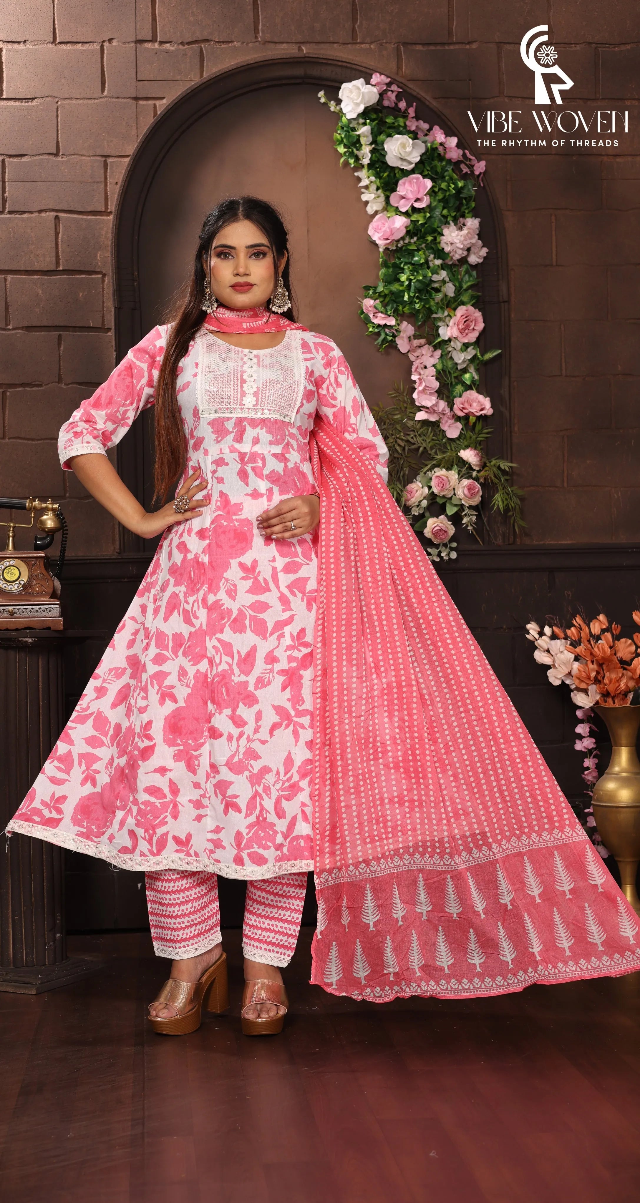 Narm Noor Vibe Woven Cotton Salwar Suit Set for Women, Traditional Floral Print with Round Neck, Three Quarter Sleeve, Straight Fit